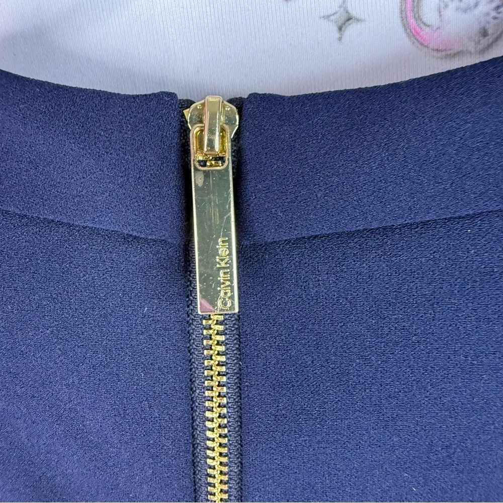 Calvin Klein dress ribbon bow tie up neck detail gold zipper Navy Midi Dress - Picture 9 of 13